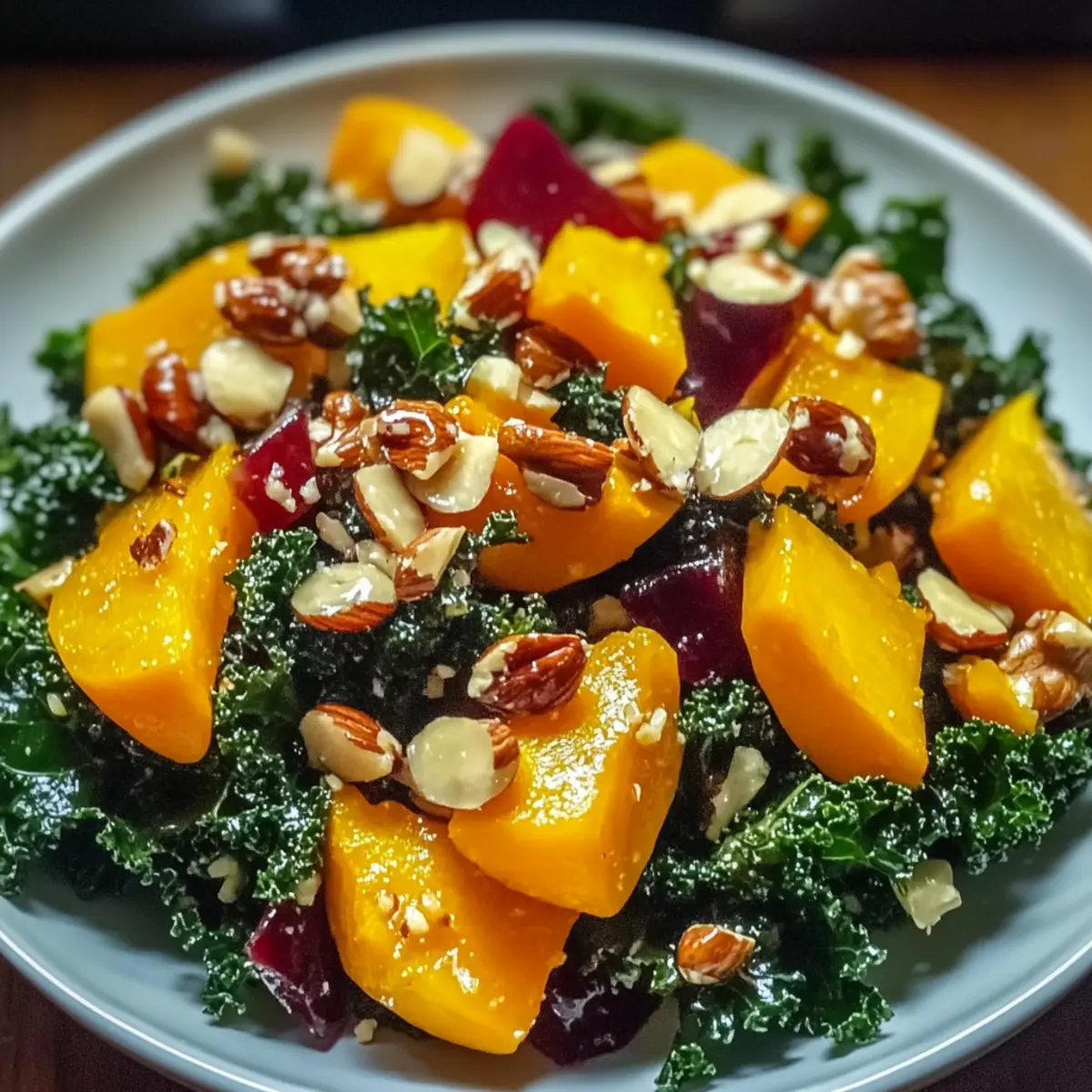 Sweet Kale Salad with Squash and Candied Hazelnuts