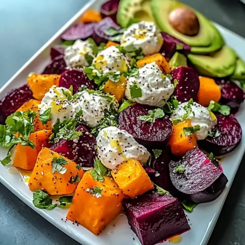 Roasted Beet, Sweet Potato & Avocado Salad with Whipped Ricotta & Lemon-Tahini Drizzle